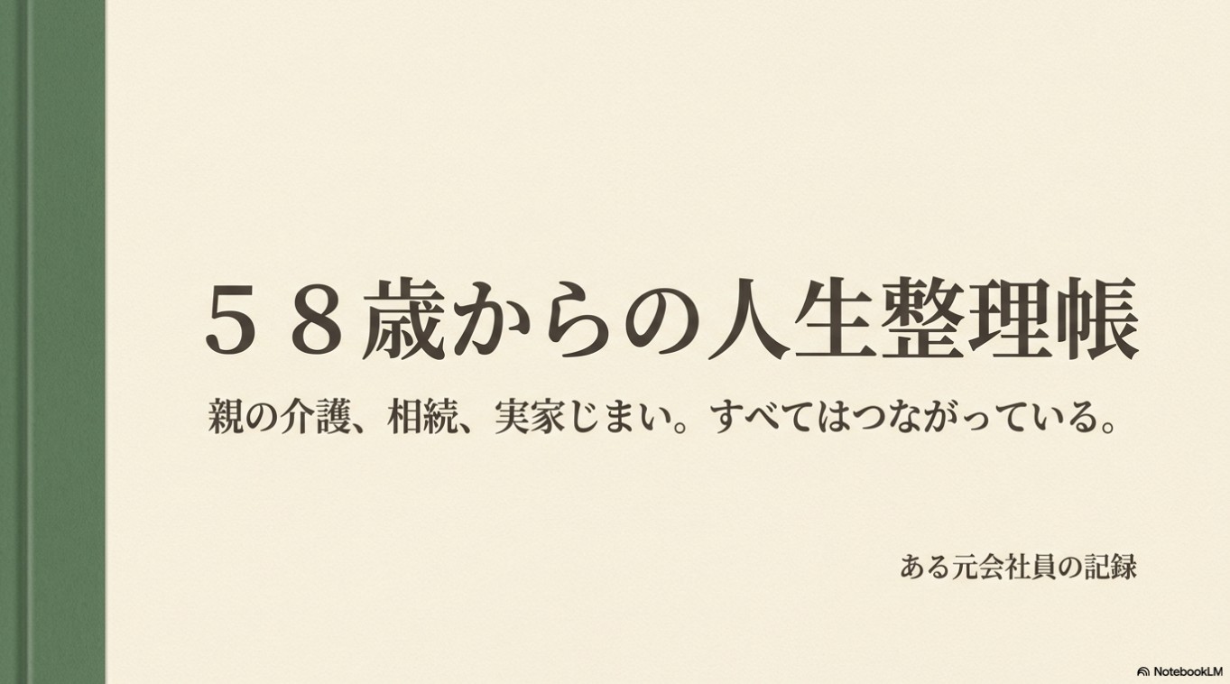 58歳からの人生整理帳。親の介護、相続、実家じまい。すべてはつながっている。ある元会社員の記録、と書かれた記事のアイキャッチ用表紙画像。