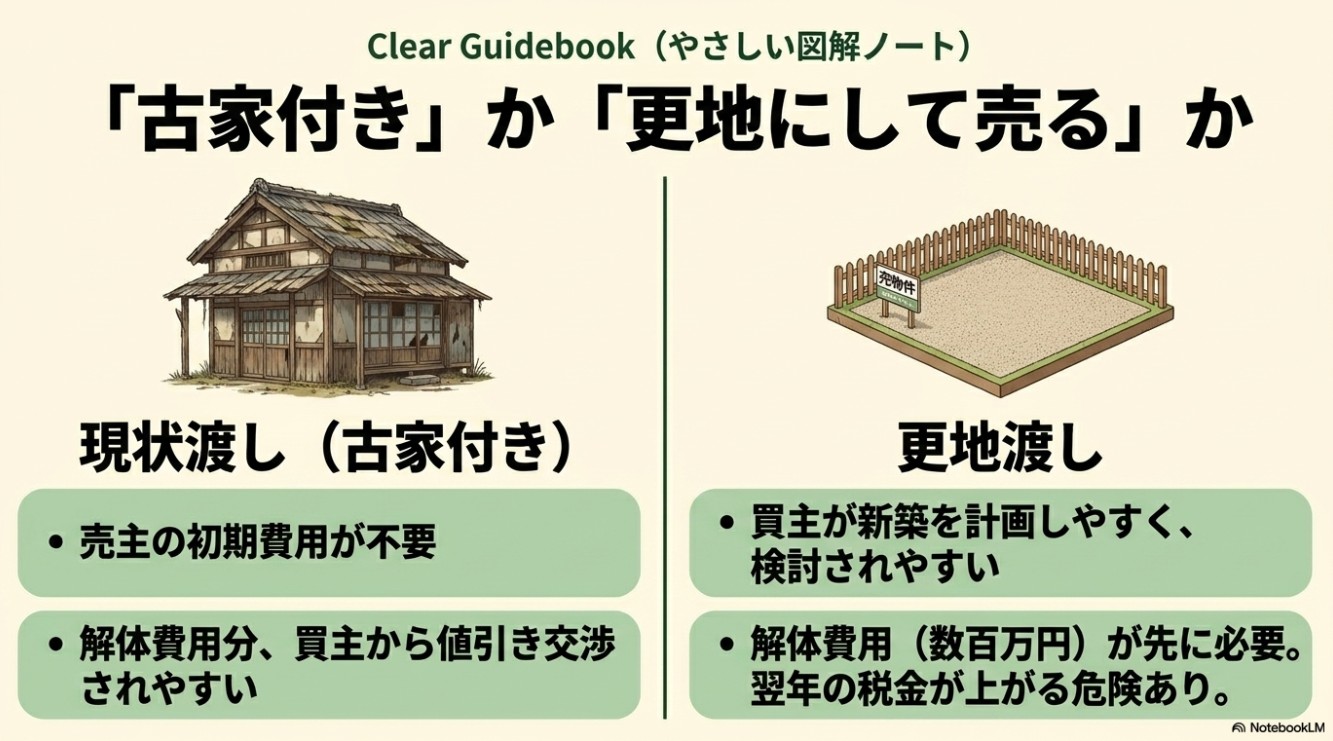 実家を「現状渡し（古家付き）」で売るか、「更地渡し」で売るかの比較