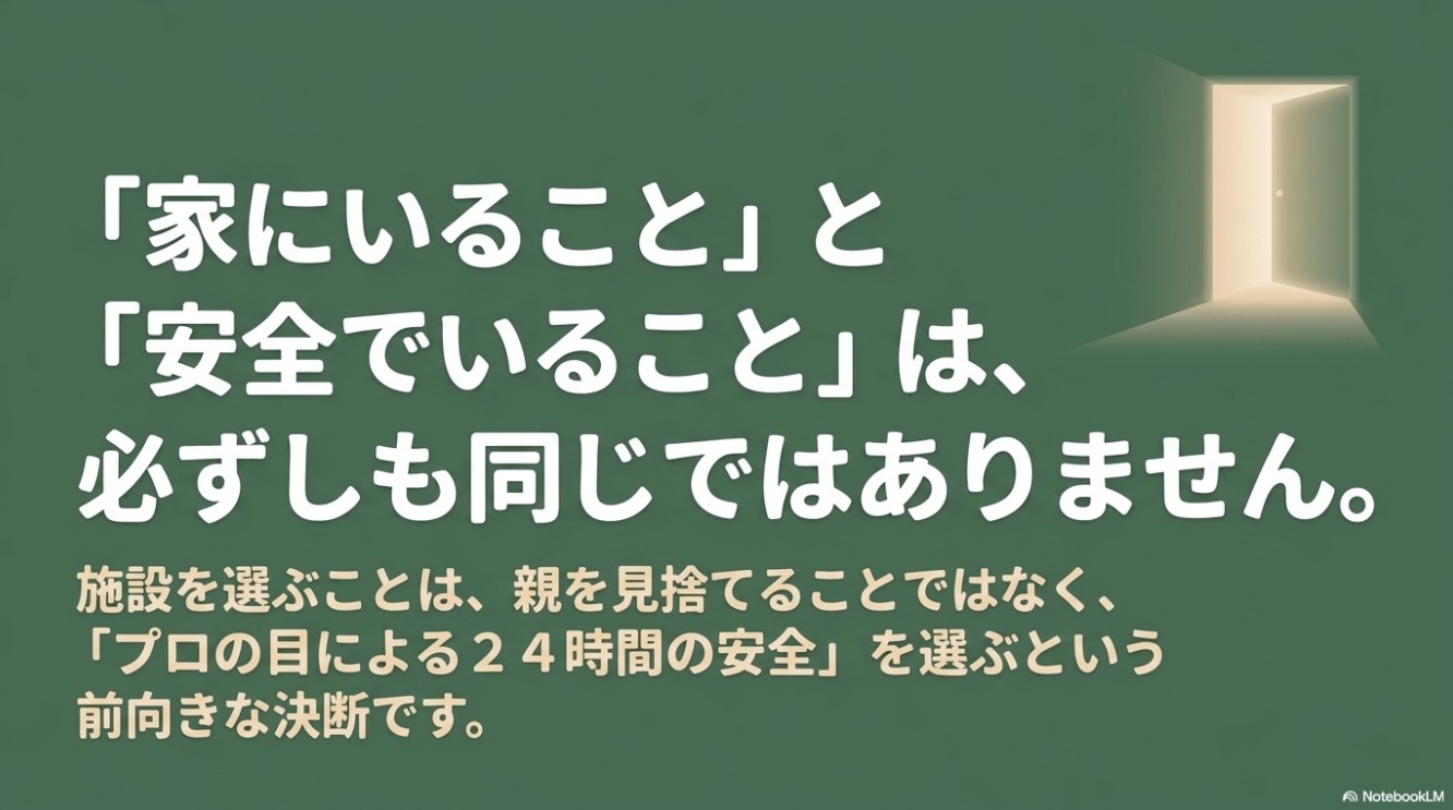 深緑の背景に「『家にいること』と『安全でいること』は、必ずしも同じではりません。施設を選ぶことは、親を見捨てることではなく、『プロの目による24時間の安全』を選ぶという前向きな決断です。」というメッセージと、光が差し込む開いたドアのイラストが描かれたスライド。