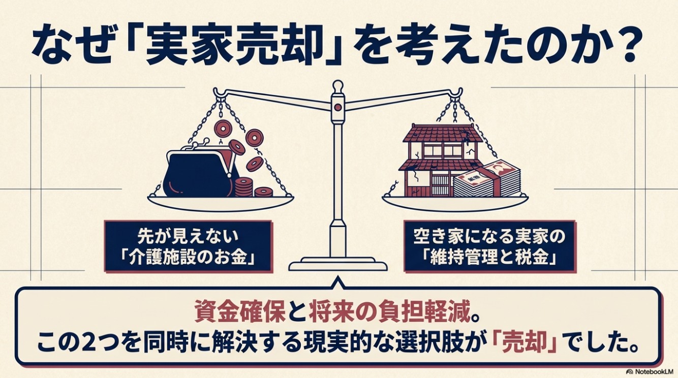 天秤のイラスト。左側に「先が見えない介護施設のお金」、右側に「空き家になる実家の維持管理と税金」が載っており、資金確保と将来の負担軽減を同時に解決する現実的な選択肢が「売却」であったことを示す図解。