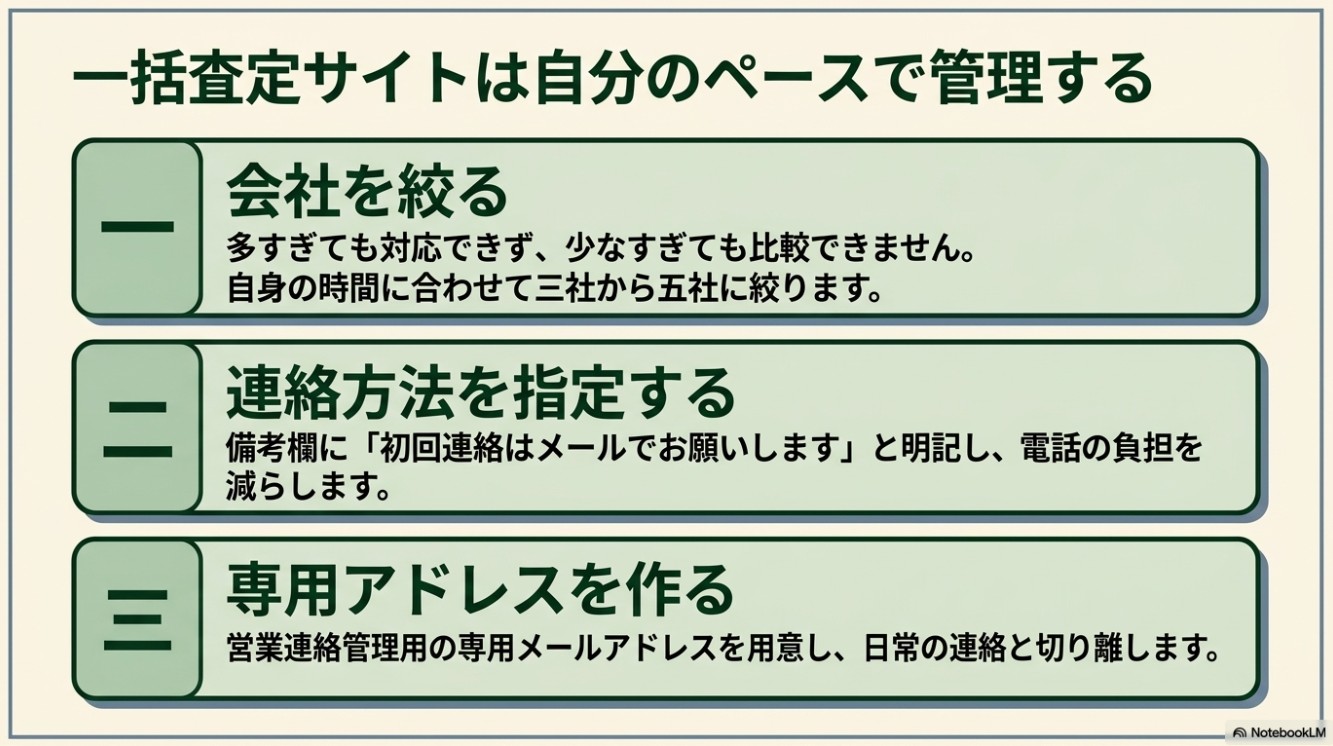 一括査定の負担を減らす方法として「一、会社を絞る（三社から五社）」「二、連絡方法を指定する（初回はメール）」「三、専用アドレスを作る」の3つを箇条書きで解説しているスライド。