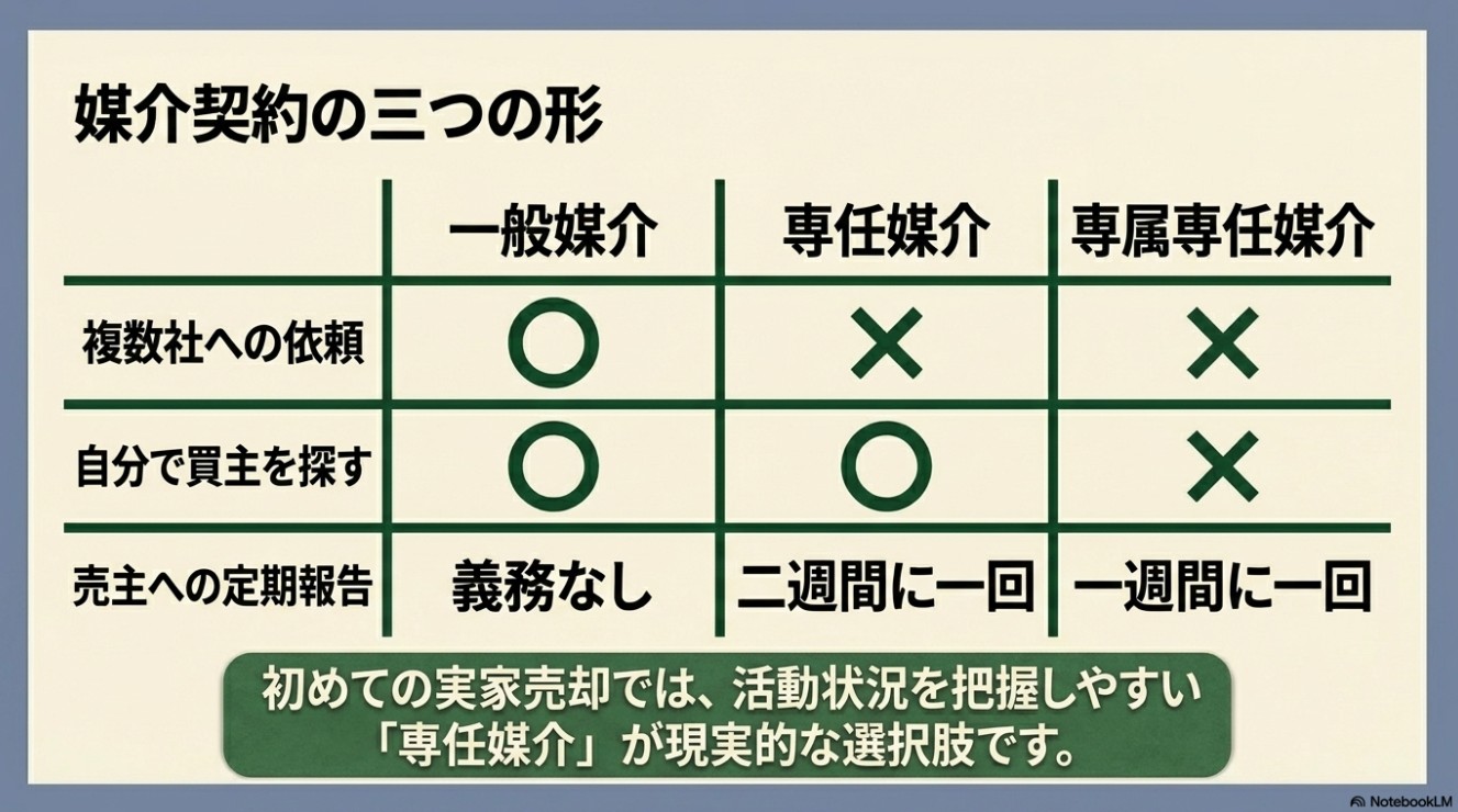 一般媒介・専任媒介・専属専任媒介の比較表