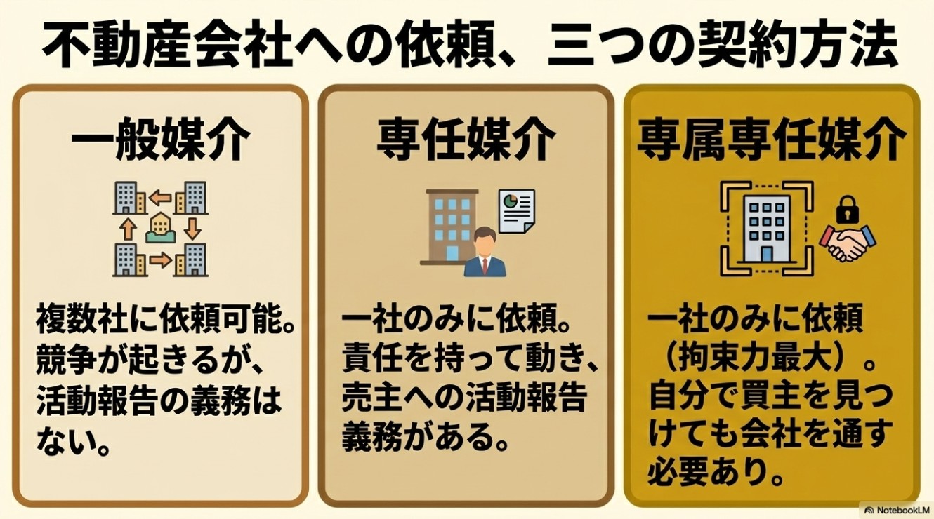 一般媒介、専任媒介、専属専任媒介という不動産会社への依頼の3つの契約方法