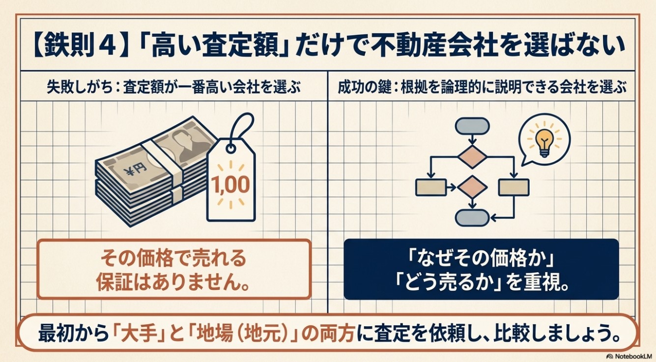 査定額が一番高い会社を選ぶ失敗パターンと、根拠を論理的に説明できる会社を選ぶ成功の鍵を比較し、「大手」と「地場」の両方に査定を依頼して比較することを推奨するスライド。
