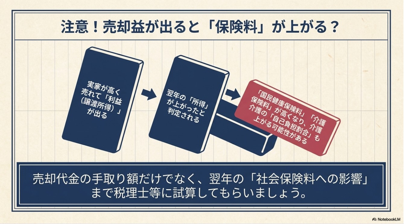 ドミノ倒しのイラスト。「実家が高く売れて利益が出る」が倒れると「翌年の所得が上がったと判定される」に繋がり、最終的に「国民健康保険料・介護保険料が高くなり、自己負担割合も上がる可能性」へ至ることを示すスライド。