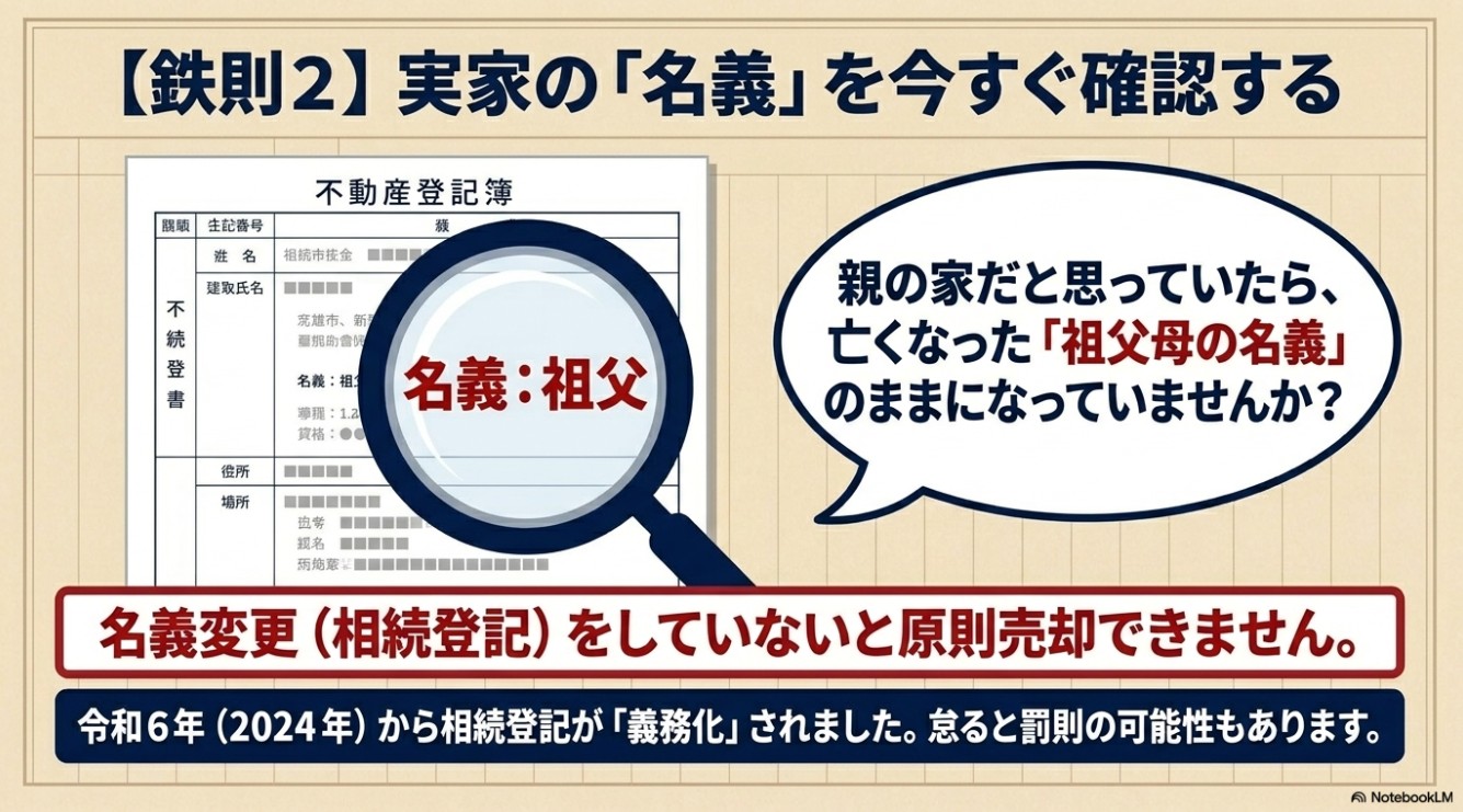 不動産登記簿を虫眼鏡で見ているイラスト。「亡くなった祖父母の名義のままになっていませんか?」という問いかけと、令和6年(2024年)からの相続登記義務化・罰則の可能性について記載されたスライド。