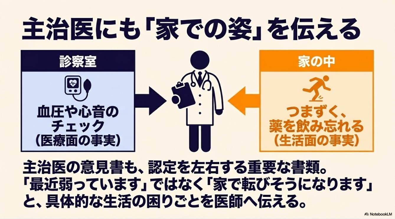 主治医にも「家での姿」を伝える。診察室での医療面的事実(血圧や心音チェック)と、家の中での生活面的事実(つまずく、薬を飲み忘れる)を医師に伝える重要性を示す図。