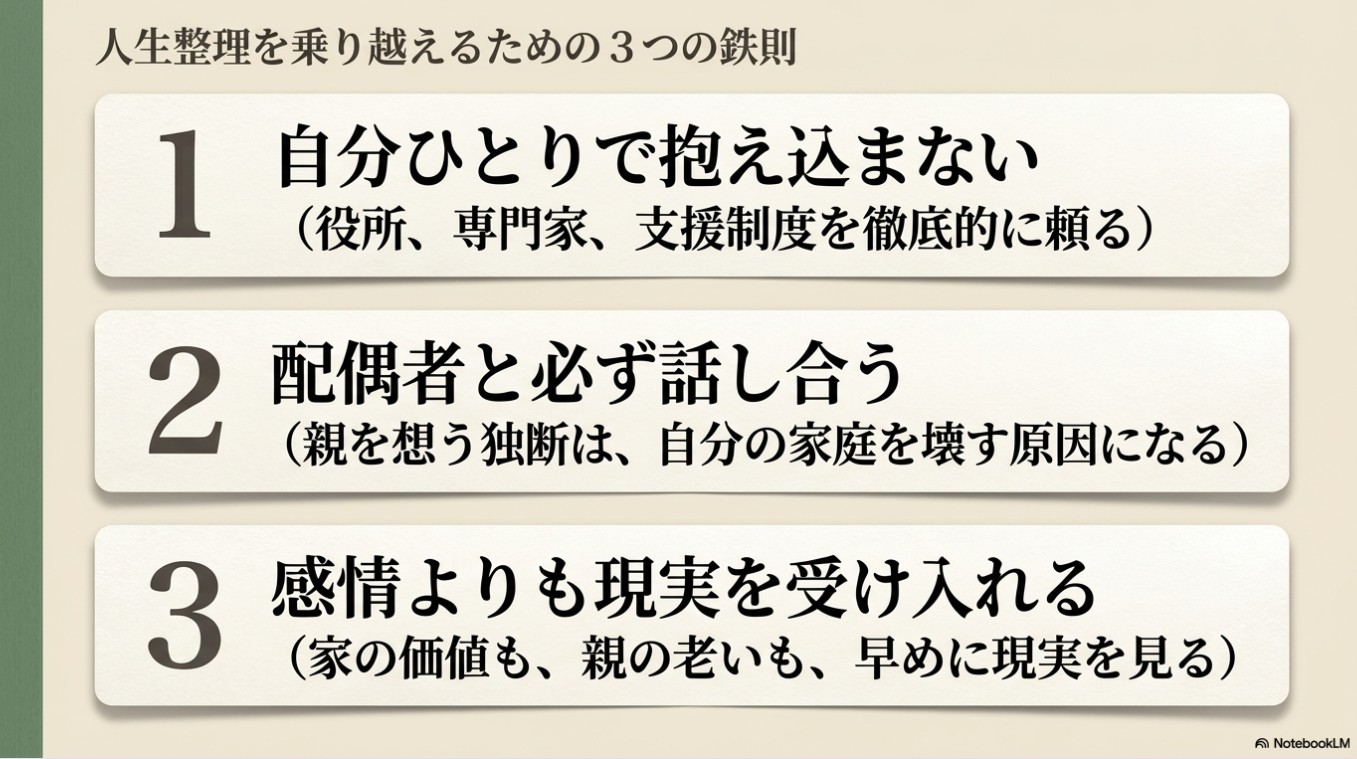 人生整理の3つの鉄則。1「自分ひとりで抱え込まない（専門家・制度を頼る）」、2「配偶者と必ず話し合う」、3「感情よりも現実を受け入れる（家の価値や老いを早めに直視する）」と記載されたチェックリスト型スライド。