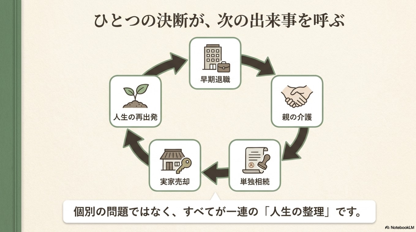 早期退職、親の介護、単独相続、実家売却、人生の再出発が矢印で循環するよう描かれた、人生整理の全体フロー図。個別の問題ではなく、すべてが一連の「人生の整理」であるというメッセージを掲載。