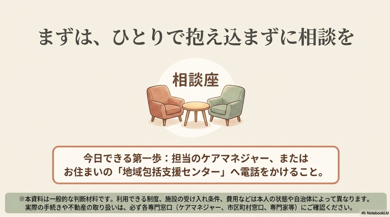 二つの椅子とテーブルの相談窓口のイラストと共に、「今日できる第一歩：担当のケアマネジャー、またはお住まいの『地域公共包括支援センター』へ電話をかけること」と書かれた、相談を促すまとめのスライド。