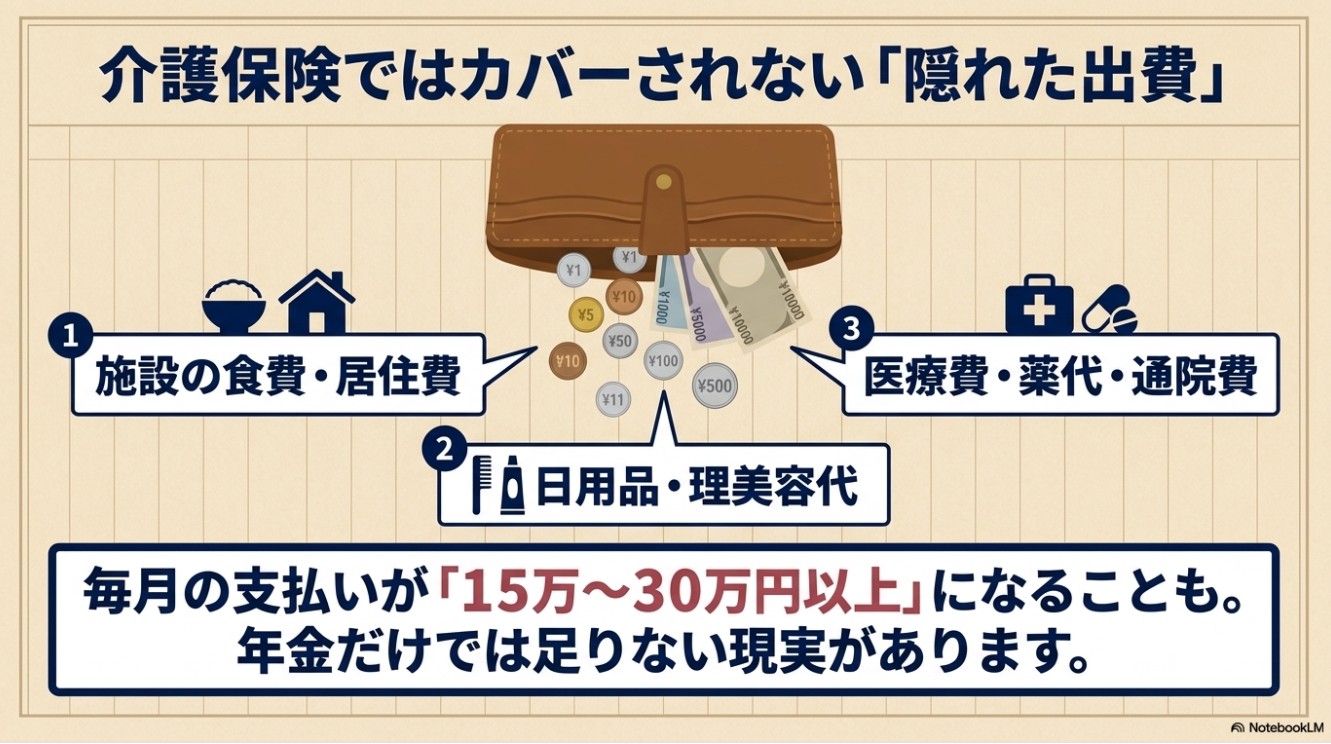 施設の食費・居住費、日用品・理美容代、医療費・薬代・通院費など、毎月の支払いが15万〜30万円以上になり、年金だけでは足りない現実があることを示すイラスト図解。