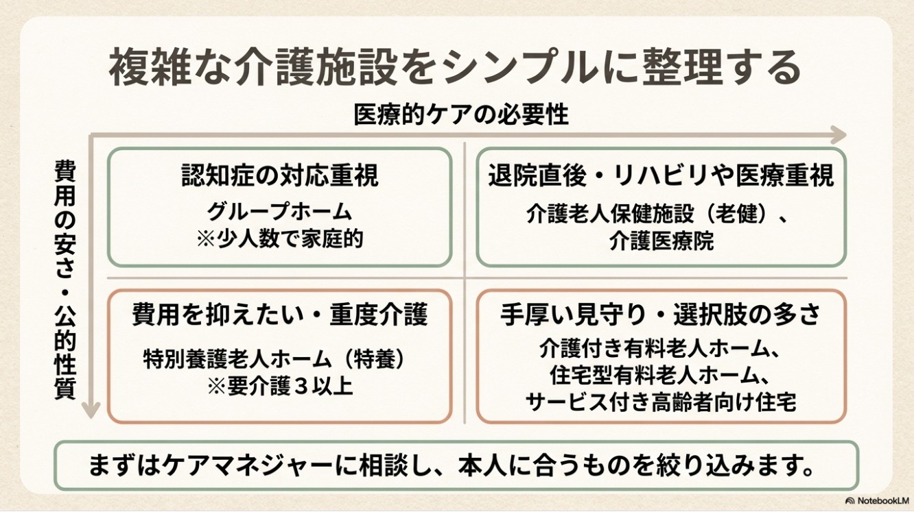 縦軸に「費用の安さ・公的性質」、横軸に「医療的ケアの必要性」をとった4象限のマトリクス図。グループホーム、特養、老健・介護医療院、有料老人ホーム・サ高住の特徴がシンプルにマッピングされているスライド。