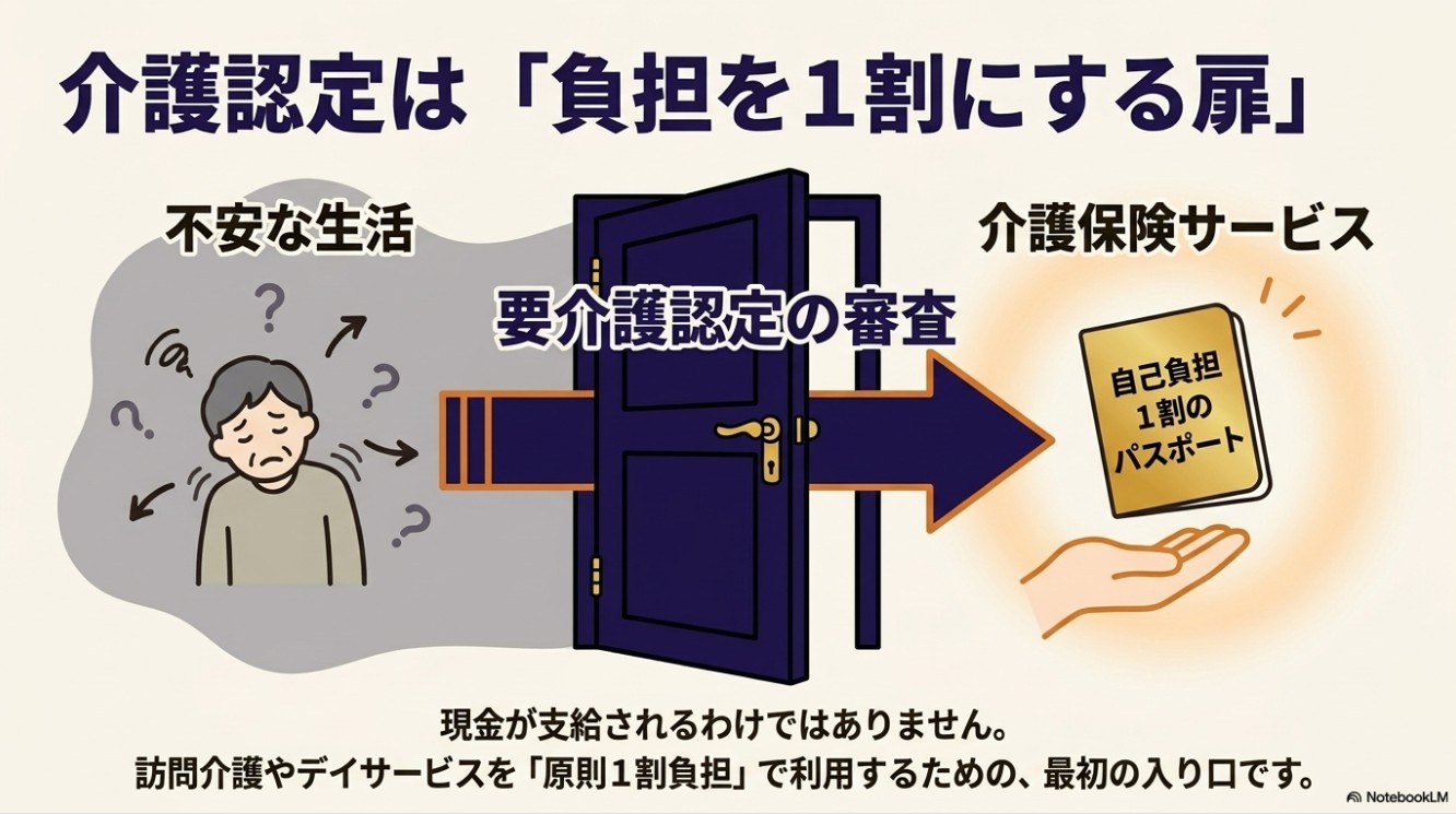 介護認定は「負担を1割にする扉」。不安な生活から要介護認定の審査を経て、自己負担1割のパスポート(介護保険サービス)を得るイメージ図。