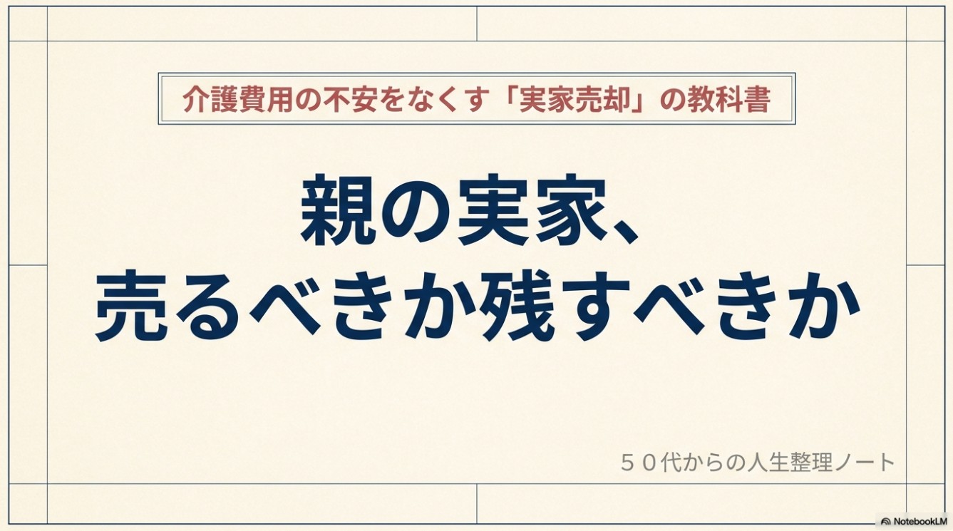 親の実家、売るべきか残すべきか、介護費用の不安をなくす「実家売却」の教科書、50代からの人生整理ノートと書かれたスライドの表紙画像。