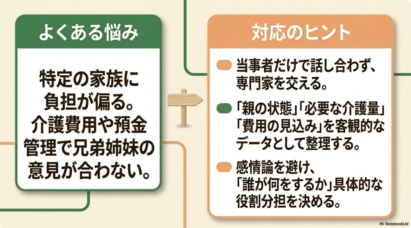 よくある悩み（特定の家族に負担が偏る、介護費用や預金管理で兄弟姉妹の意見が合わない）と、対応のヒント（当事者だけで話し合わず専門家を交える、親の状態・必要な介護量・費用の見込みを客観的なデータとして整理する、感情論を避け「誰が何をするか」具体的な役割分担を決める）。