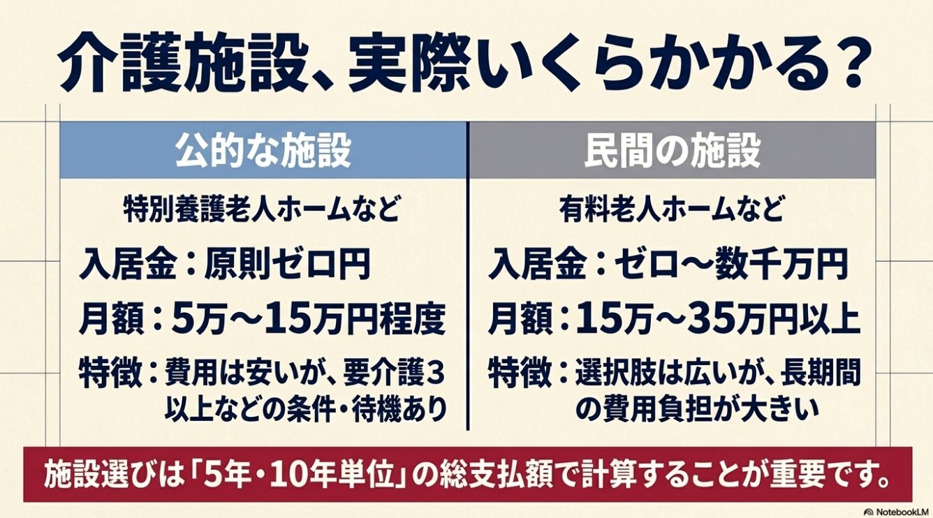 公的施設(特別養護老人ホームなど、入居金原則ゼロ、月額5万から15万円)と民間施設(有料老人ホームなど、入居金ゼロから数千万円、月額15万から35万円以上)を比較し、5年・10年単位の総支払額での計算が重要であると説くスライド。