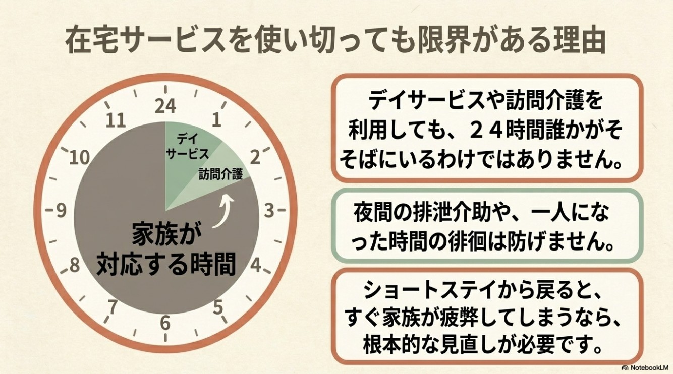 24時間の時計のイラストで、デイサービスや訪問介護以外の大部分が「家族が対応する時間」であることを視覚的に示し、夜間の排泄介助やワンオペ状態の徘徊は防げないため、根本的な見直しが必要であることを説明したスライド
