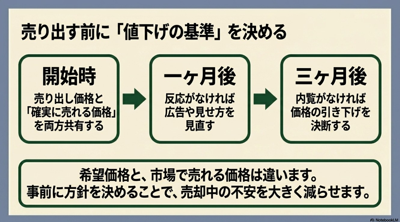 売り出す前の準備として、「開始時（売り出し価格と確実に売れる価格を共有）」→「一ヶ月後（反応がなければ広告や見せ方を見直す）」→「三ヶ月後（内覧がなければ価格の引き下げを決断する）」というステップが矢印で繋がれたスライド。