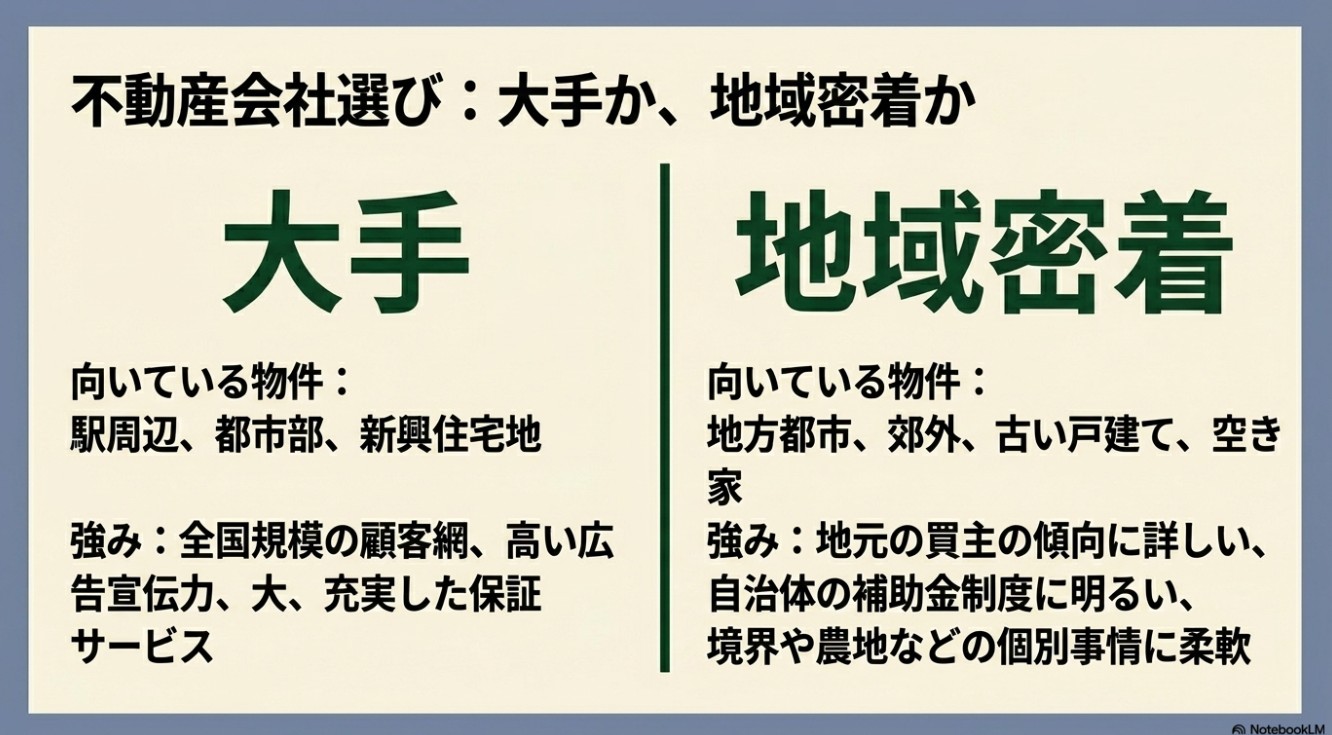 大手（駅周辺、都市部、高い広告宣伝力、充実した保証サービス）と地域密着（地方都市、郊外、古い戸建て・空き家、地元の買主傾向や補助金制度に明るい、個別事情に柔軟）の特徴を左右に分けて比較したスライド。