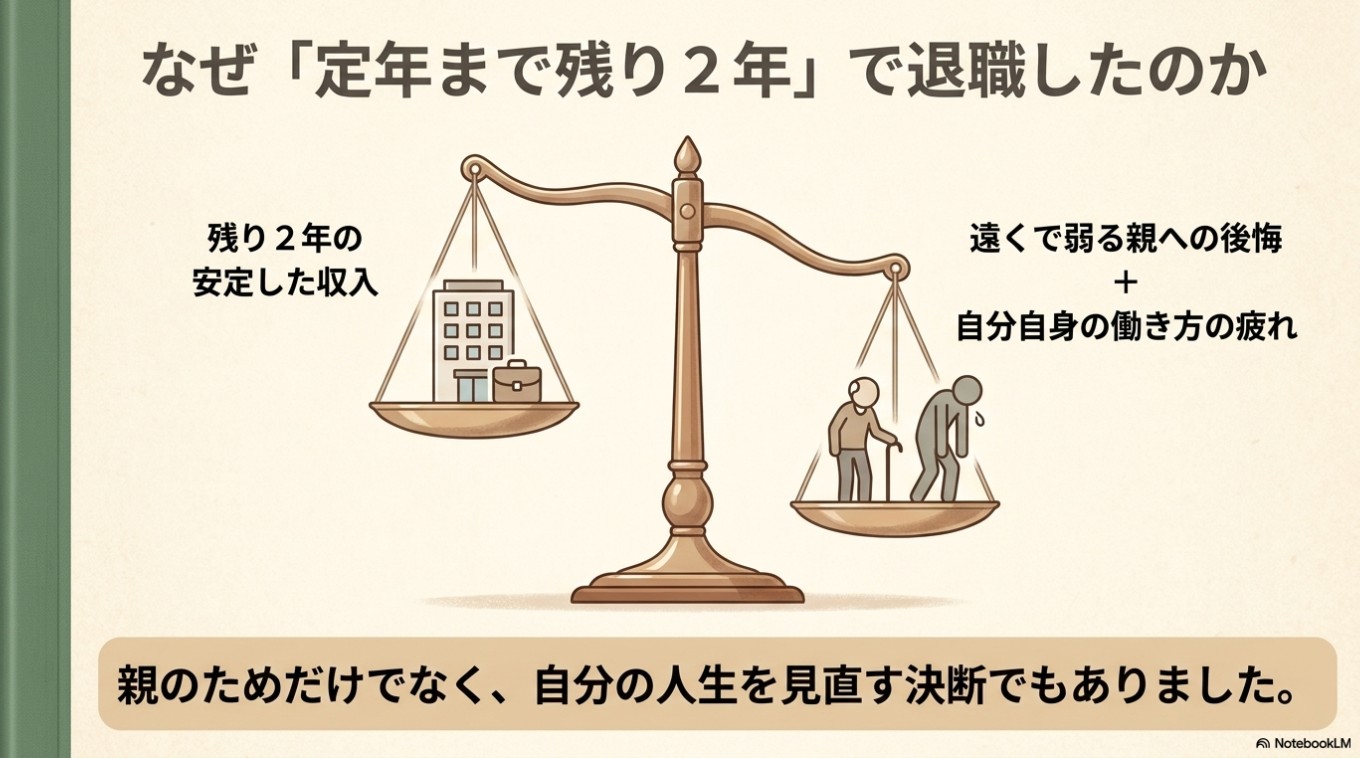 定年まで残り2年の安定した収入と、遠くで弱る親への後悔および自分自身の働き方の疲れが天秤に乗せられ、葛藤する様子を描いた天秤の図解イラスト。親のためだけでなく、自分の人生を見直す決断でもあったとの記載あり。
