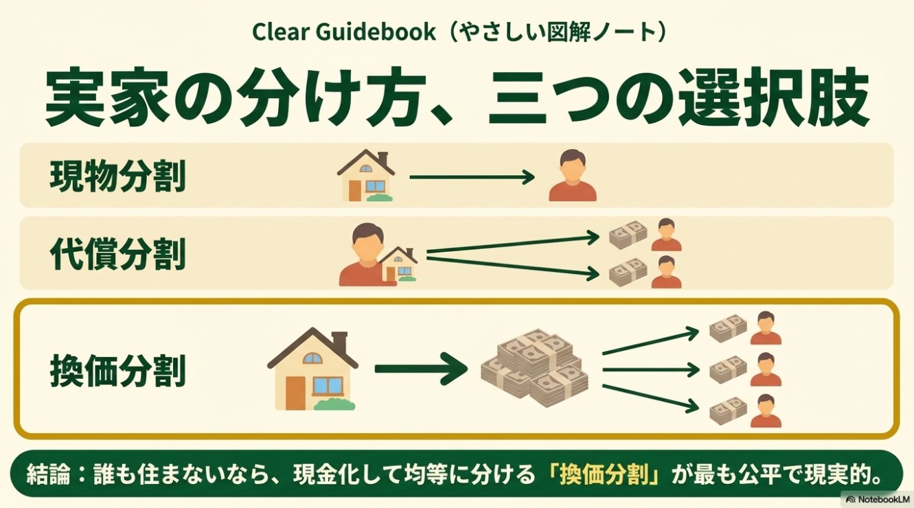 実家の分け方である現物分割、代償分割、換価分割の3つの選択肢