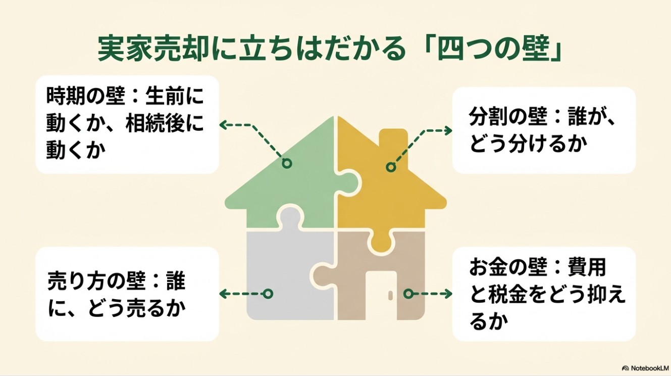 実家売却における時期、分割、売り方、お金の4つの壁