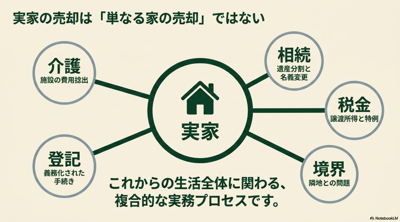 実家を中心に「介護」「相続」「税金」「境界」「登記」の5つの要素が繋がり、「これからの生活全体に関わる、複合的な実務プロセスです。」と説明されている図解スライド。