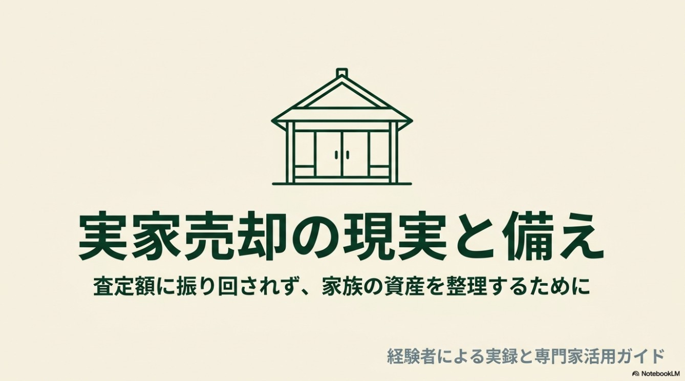 「実家売却の現実と備え 査定額に振り回されず、家族の資産を整理するために 経験者による実録と専門家活用ガイド」という文字と、家のイラストが描かれたスライド。