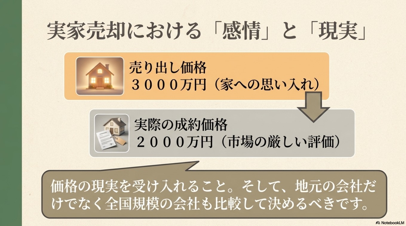実家売却の感情と現実のギャップを示した図。家への思い入れによる売り出し価格3000万円に対し、市場評価による実際の成約価格が2000万円となった対比。価格の現実を受け入れ、会社を比較して決めるべきと推奨。