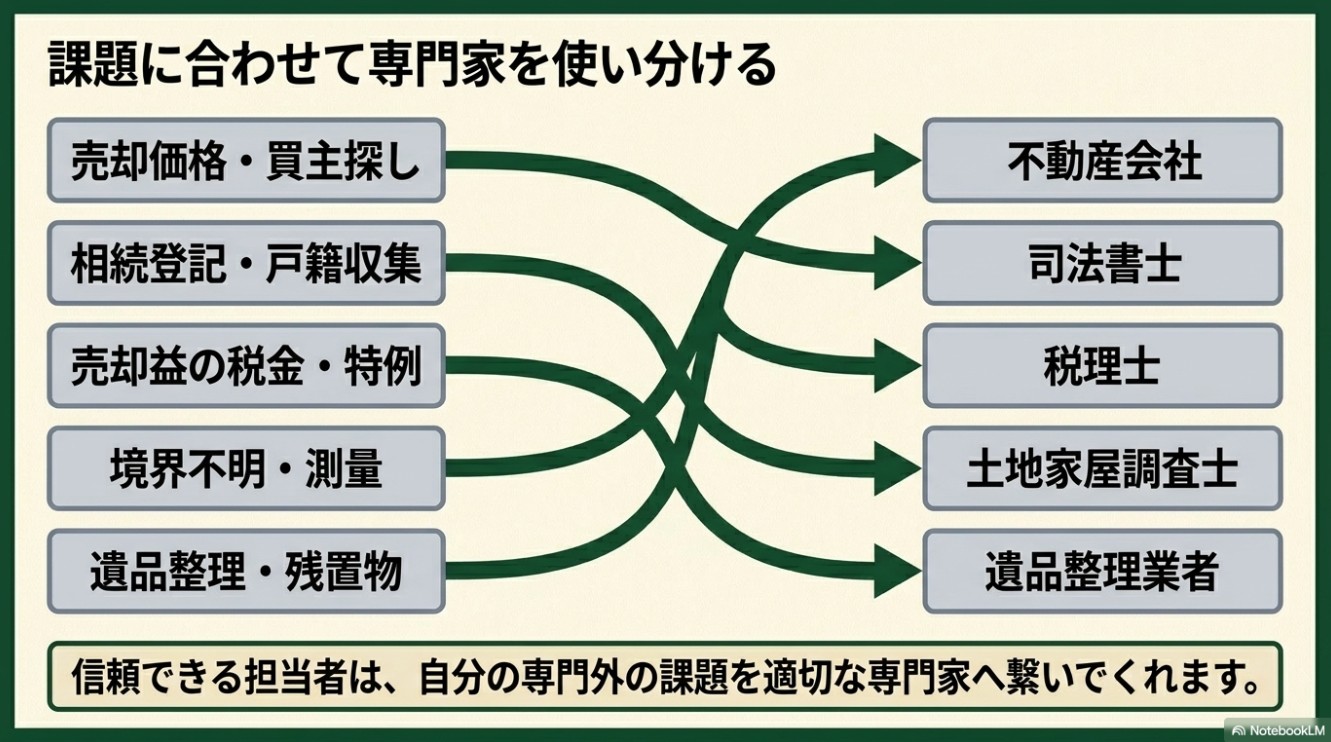 左側の「売却価格・買主探し」「相続登記・戸籍収集」「売却益の税金・特例」「境界不明・測量」「遺品整理・残置物」などの課題から、右側の「不動産会社」「司法書士」「税理士」「土地家屋調査士」「遺品整理業者」などの専門家へ矢印が複雑に交差して結ばれている図解スライド。