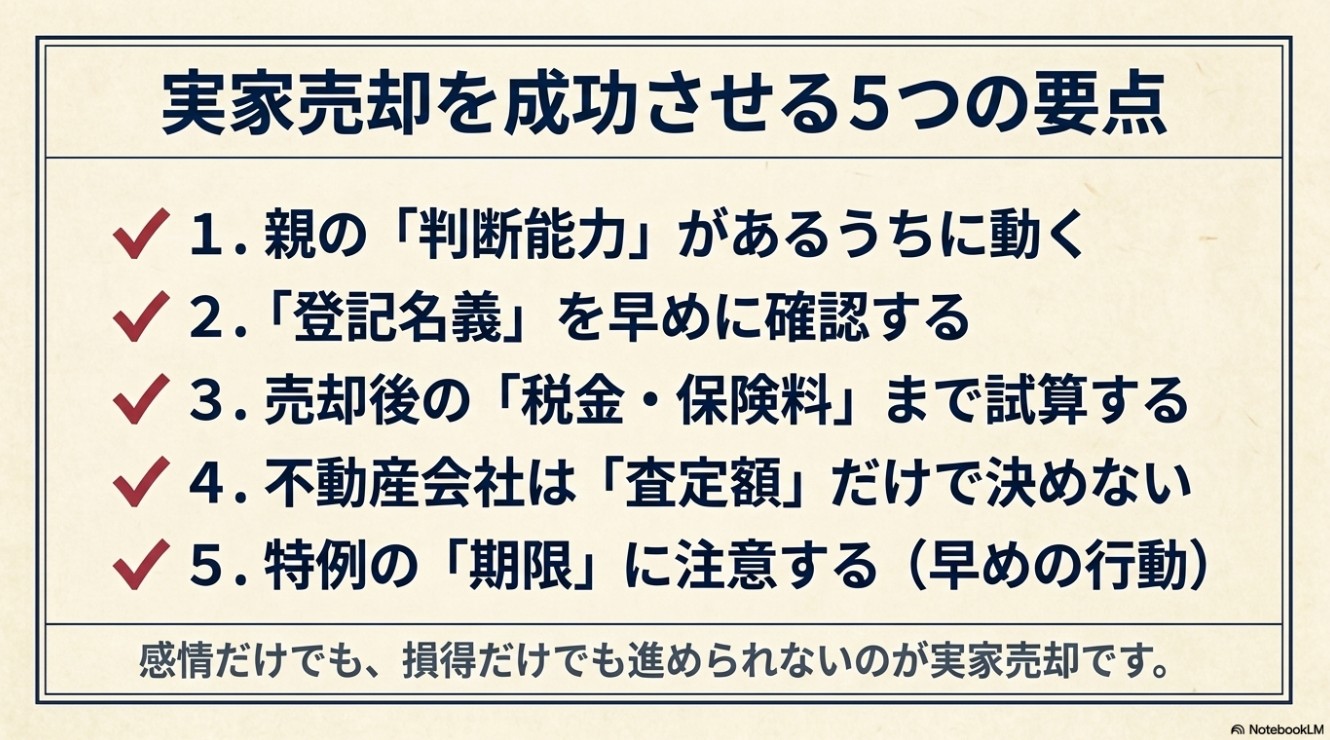 1.親の判断能力があるうちに動く、2.登記名義を早めに確認する、3.売却後の税金・保険料まで試算する、4.不動産会社は査定額だけで決めない、5.特例の期限に注意する、という5つの要点と「感情だけでも、損得だけでも進められないのが実家売却です」というメッセージ。