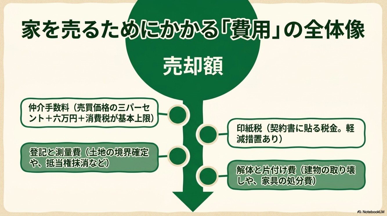 仲介手数料、印紙税、登記費用、解体費用など、家を売るためにかかる費用の全体像