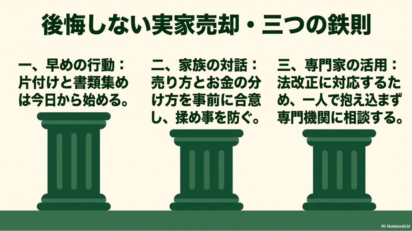 早めの行動、家族の対話、専門家の活用という後悔しない実家売却の三つの鉄則