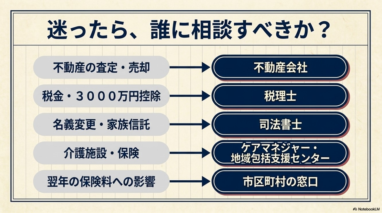 相談内容(査定・売却、税金・控除、名義変更、介護施設、保険料への影響)と、それぞれの適切な相談先(不動産会社、税理士、司法書士、ケアマネジャー、市区町村窓口)を矢印で結んだ、対応表のスライド画像。