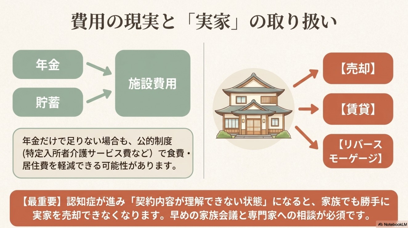 年金と貯蓄を施設費用に充てる図と、実家を「売却」「賃貸」「リバースモーゲージ」する選択肢のイラスト。下部に「認知症が進み契約内容が理解できない状態になると実家を売却できなくなるため早めの相談が必須」と強調されたスライド。