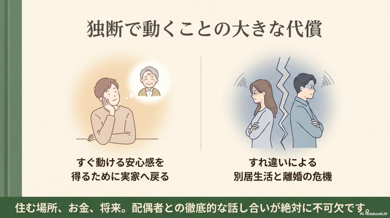 左側に実家に戻って安心感を得ようとする男性、右側にすれ違いにより別居生活と離婚の危機に直面した男女のイラスト。住む場所、お金、将来について配偶者との徹底的な話し合いが絶対に不可欠であるというメッセージを掲載。