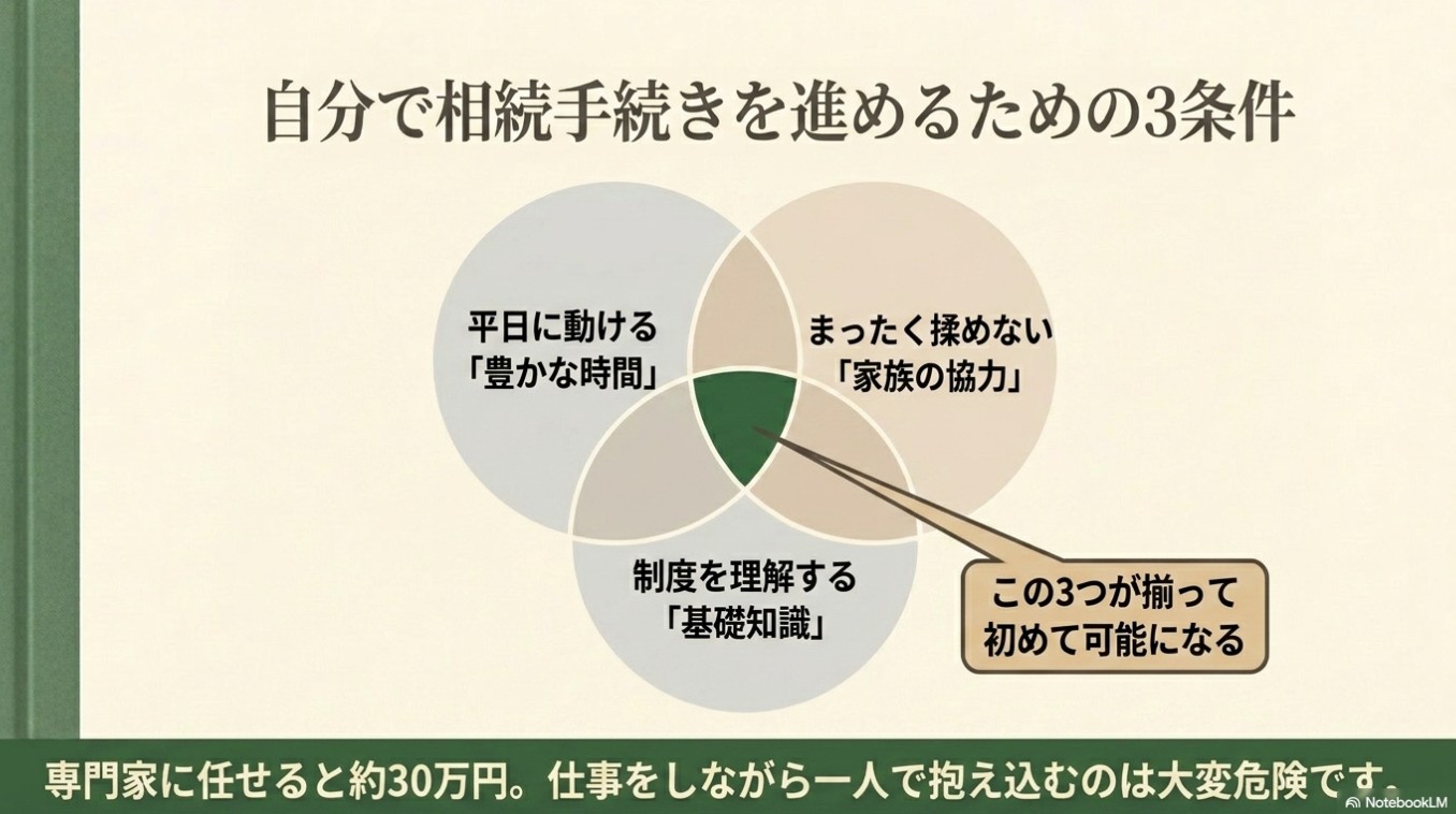 自分で相続手続きを進める3つの条件として、平日に動ける豊かな時間、揉めない家族の協力、制度を理解する基礎知識が交差したベン図。仕事をしながら1人で抱え込むのは危険であると注意喚起しています。