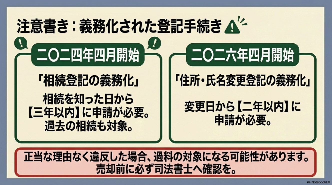 2024年4月開始の「相続登記の義務化（相続を知った日から3年以内、過去の相続も対象）」と、2026年4月開始の「住所・氏名変更登記の義務化（変更日から2年以内）」、および違反時の過料に関する注意書きがまとめられたスライド。