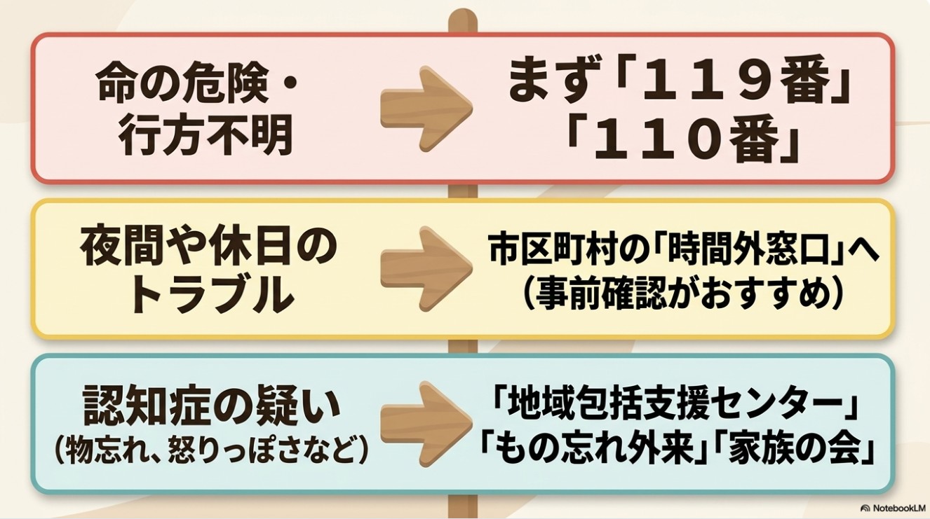 命の危険・行方不明は「まず119番、110番」、夜間や休日のトラブルは「市区町村の時間外窓口へ」、認知症の疑い（物忘れ、怒りっぽさなど）は「地域包括支援センター、もの忘れ外来、家族の会」と、トラブルに応じた相談先を整理した表。
