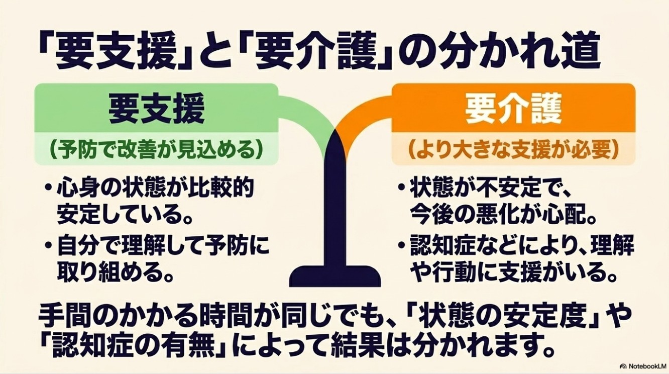 「要支援」と「要介護」の分かれ道。要支援は予防で改善が見込める、状態が比較的安定。要介護はより大きな支援が必要、状態が不安定。状態の安定度や認知症の有無によって結果が分かれる図。