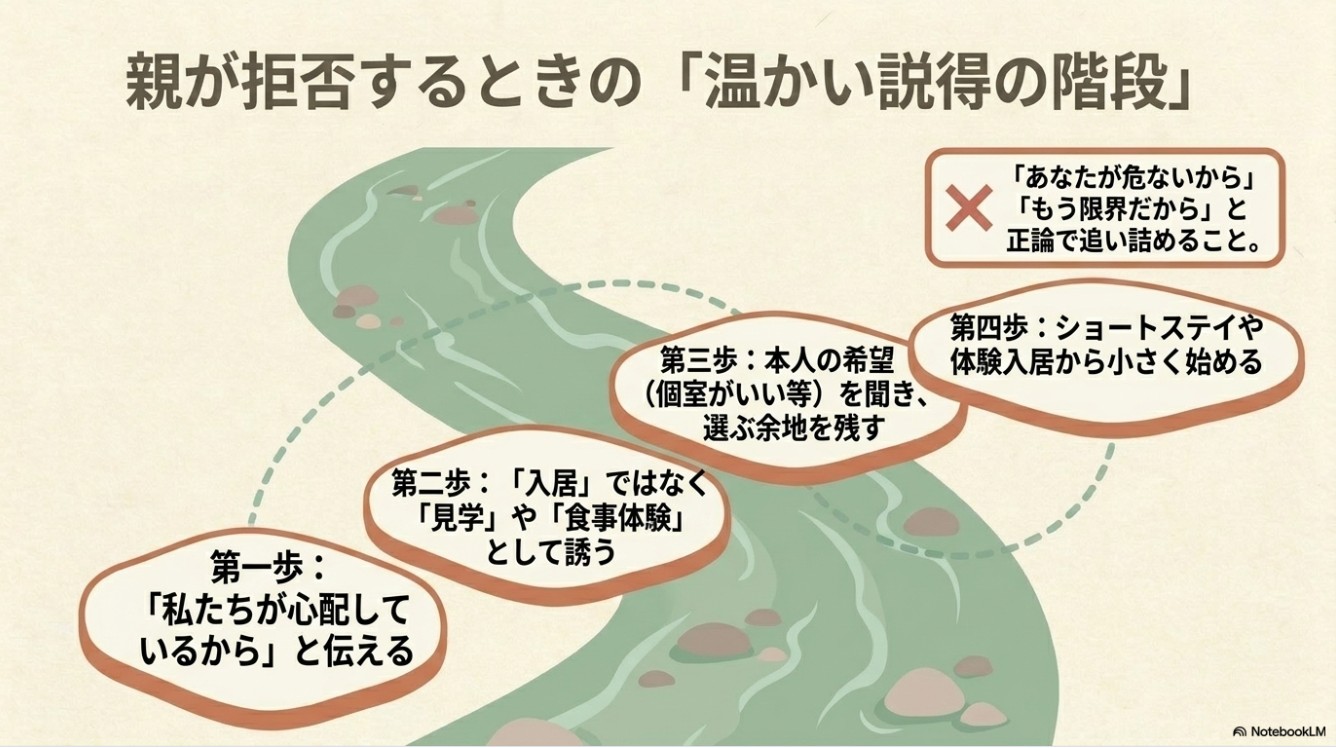 川の流れのようなステップのイラストで、第一歩「私たちが心配している」と伝える、第二歩「見学」や「食事体験」として誘う、第三歩「本人の希望」を聞き選ぶ余地を残す、第四歩「ショートステイ」から小さく始める、という順序を解説したスライド。