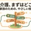 親の介護、まずはどこへ？不安な家族のための、やさしい相談案内。住まいと環境の準備、最初の相談窓口、費用と制度の確認、医療と介護サービス、生活と日々の支援について描かれたインフォグラフィック。