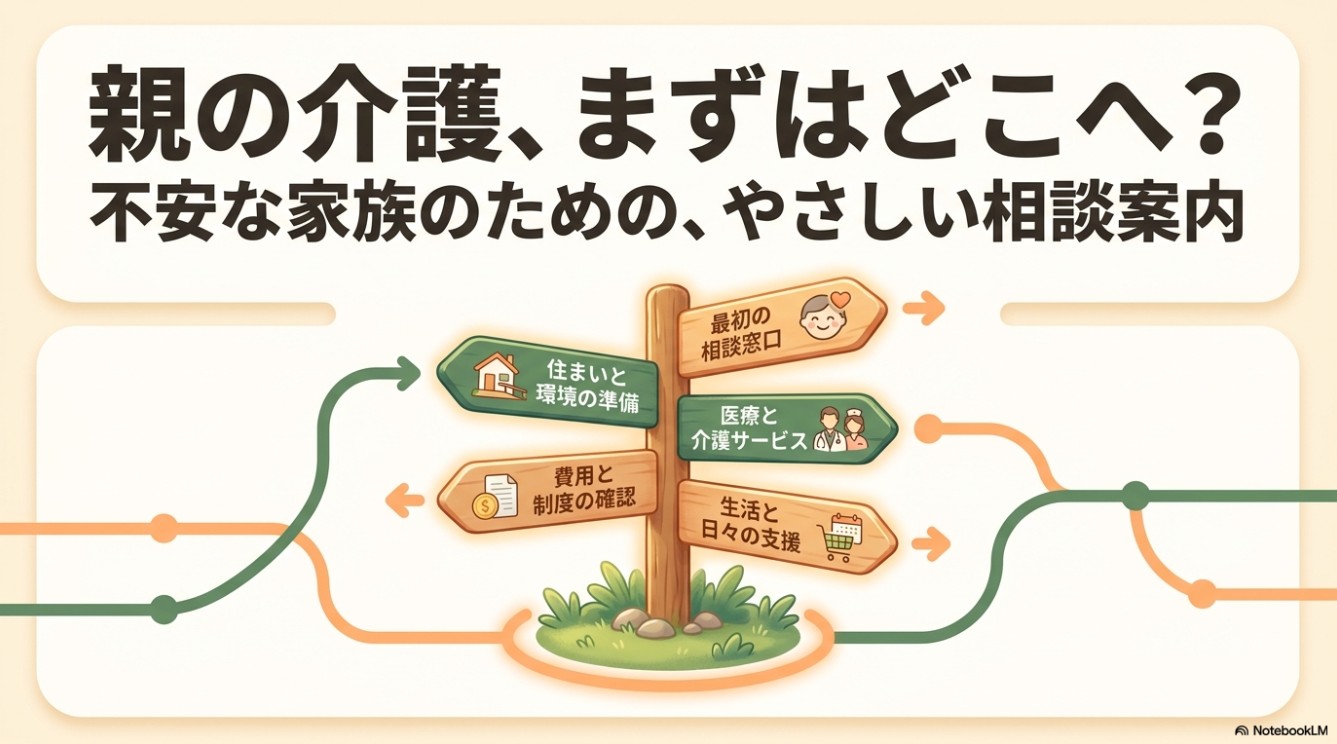 親の介護、まずはどこへ？不安な家族のための、やさしい相談案内。住まいと環境の準備、最初の相談窓口、費用と制度の確認、医療と介護サービス、生活と日々の支援について描かれたインフォグラフィック。