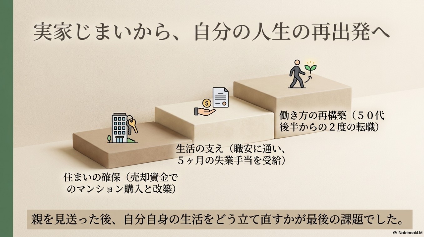 実家じまいから人生の再出発までのプロセス。1段目「住まいの確保」、2段目「生活の支え（失業手当受給）」、3段目「働き方の再構築（50代後半からの転職）」を段階的に示した階段グラフのイラスト。