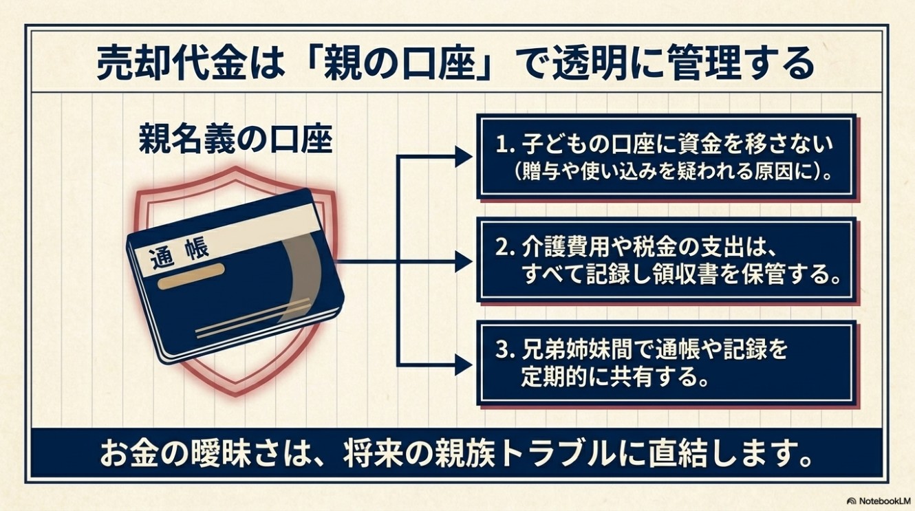 親名義の口座(通帳)のイラストと3つのポイント(子どもの口座に移さない、支出はすべて記録し領収書を保管、兄弟姉妹間で定期共有)。「お金の曖昧さは、将来の親族トラブルに直結します」という警告文。