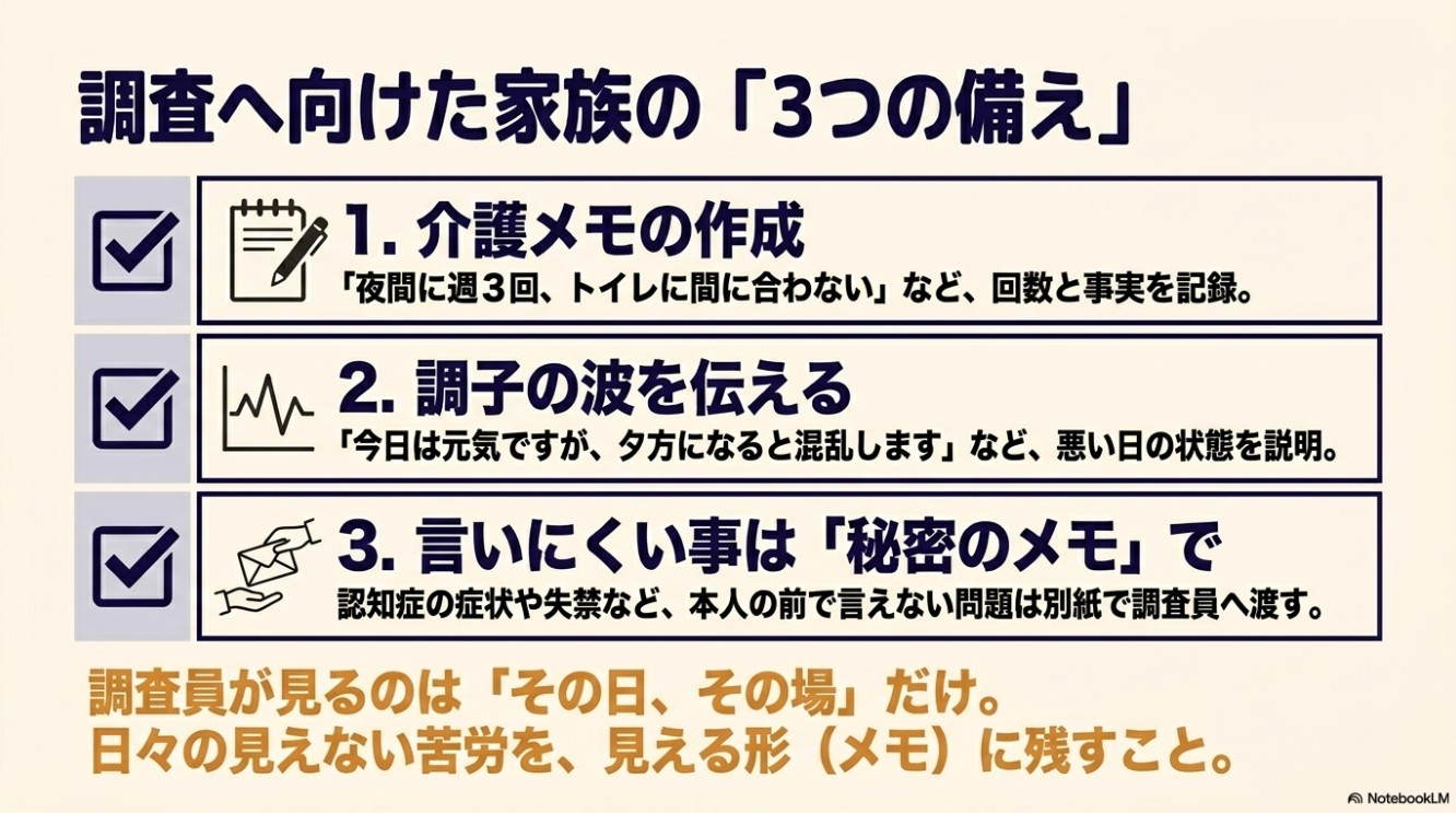 調査へ向けた家族の「3つの備え」。1.介護メモの作成(事実を記録)、2.調子の波を伝える(悪い日の状態も説明)、3.言いにくい事は「秘密のメモ」で(別紙で手渡す)。日々の見えない苦労を見える形にする。