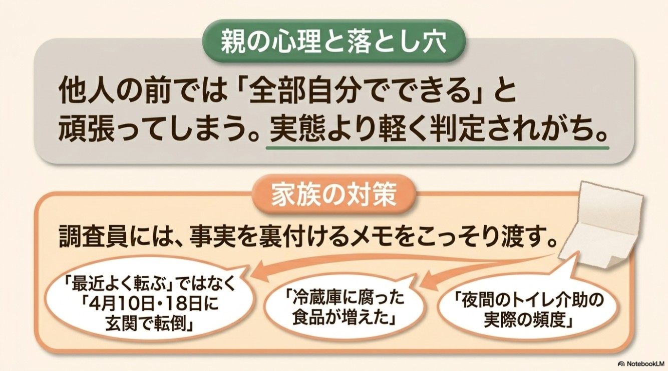 親の心理と落とし穴（他人の前では「全部自分でできる」と頑張ってしまい実態より軽く判定されがち）と、家族の対策（調査員に事実を裏付けるメモをこっそり渡す。「最近よく転ぶ」ではなく具体的な日付や状況、冷蔵庫に腐った食品が増えた、夜間のトイレ介助の実際の頻度などをメモする）。