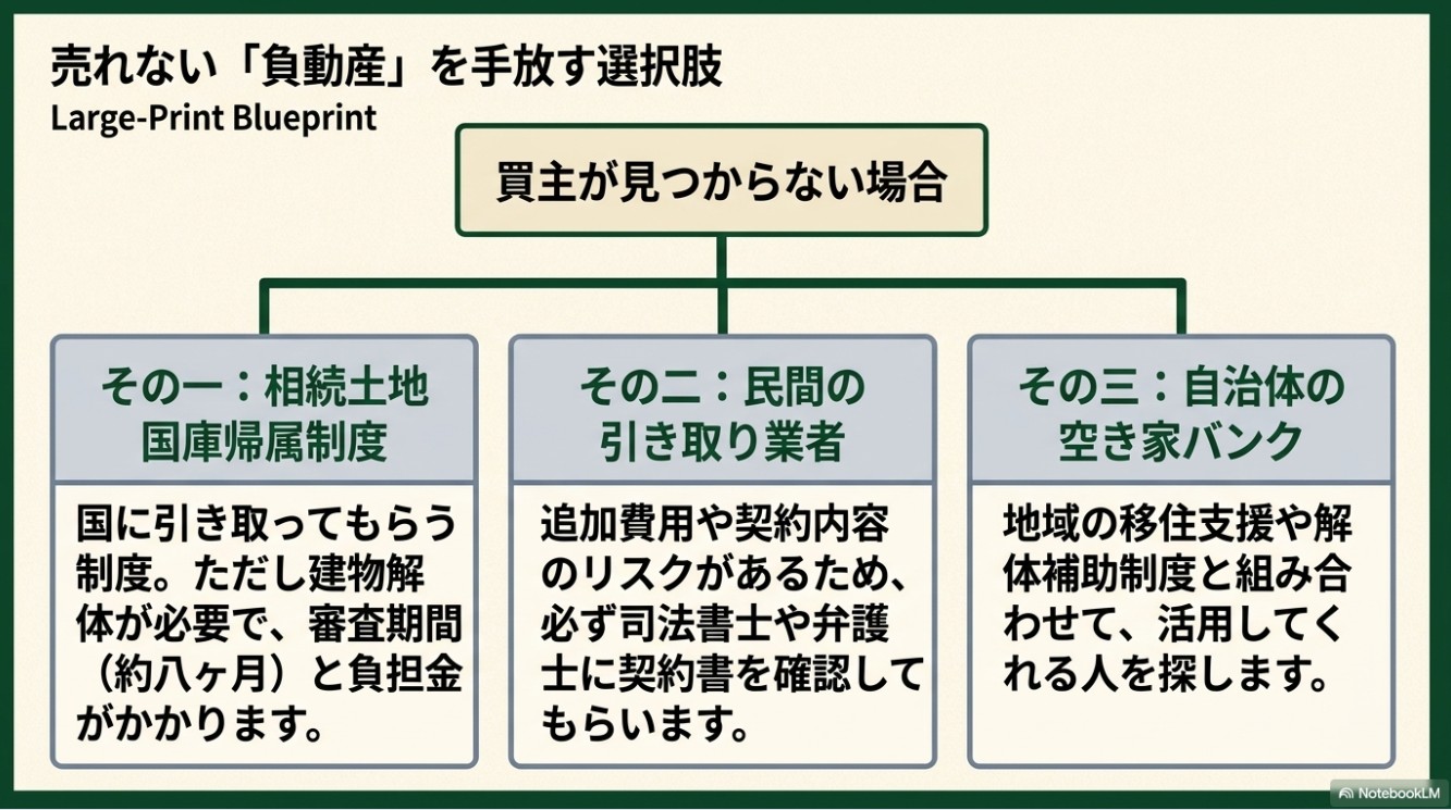 買主が見つからない場合の選択肢として、「その一：相続土地国庫帰属制度（建物解体が必要、審査・負担金あり）」「その二：民間の引き取り業者（リスクがあるため専門家に要確認）」「その三：自治体の空き家バンク（移住支援や解体補助と組み合わせる）」を解説した三段並びの図解スライド。