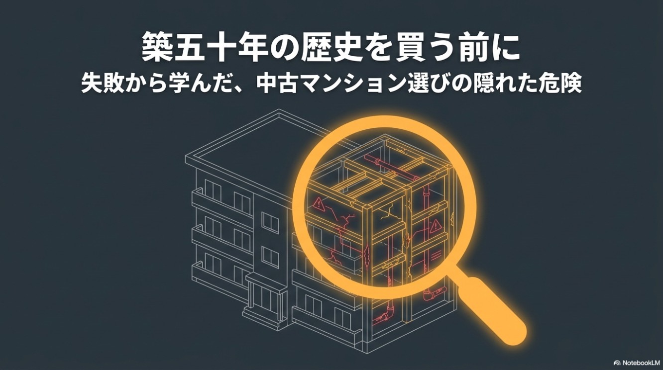 築50年の中古マンションを虫眼鏡で覗き込み、内部の配管や構造などの隠れた危険性を確認しているイラスト