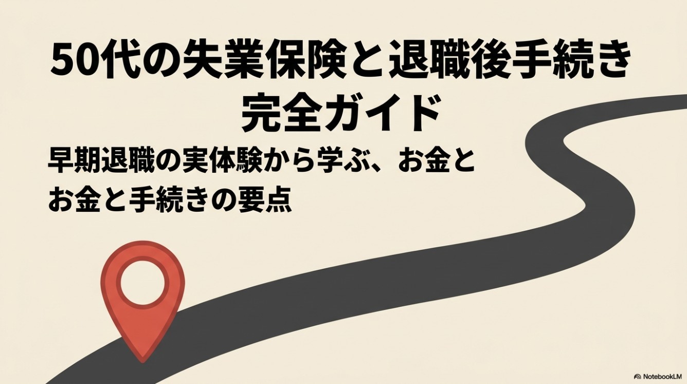 50代の失業保険と退職後手続き完全ガイド。早期退職の実体験から学ぶお金と手続きの要点を解説したタイトルスライド